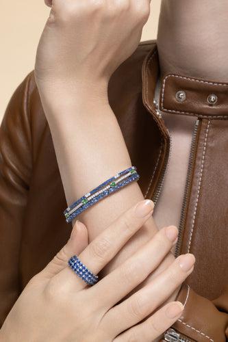 Blue Sapphire Diamond Two Alternating Tennis Stretch Bracelet - Image 3