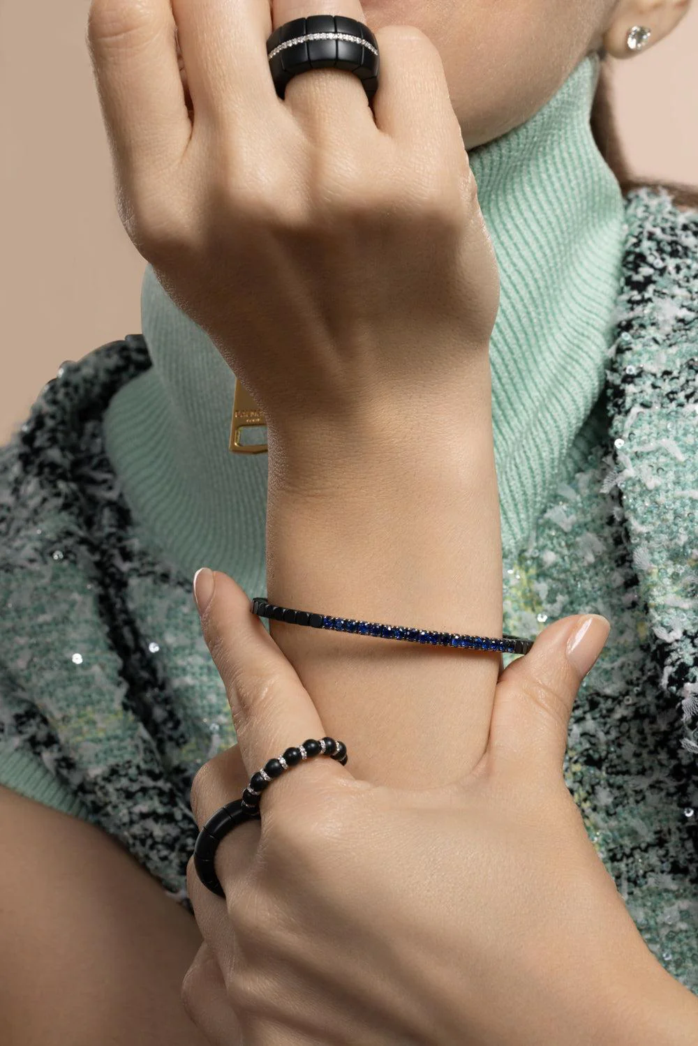 Blue Sapphire Matte Black Dado Stretch Bracelet - Image 3