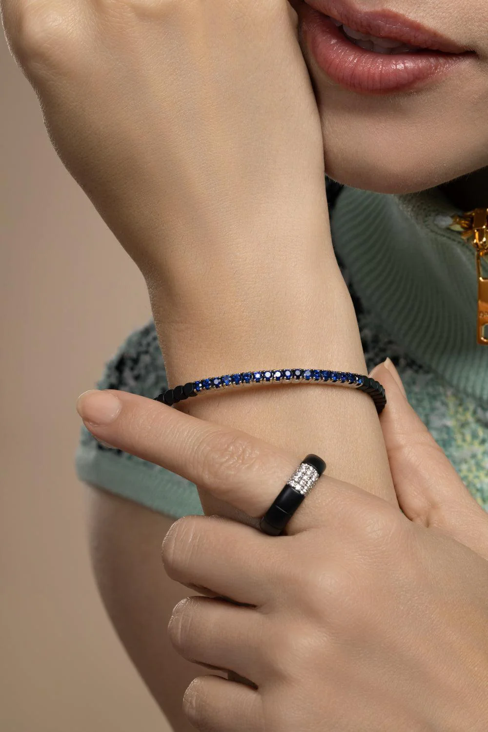 Blue Sapphire Matte Black Dado Stretch Bracelet - Image 4