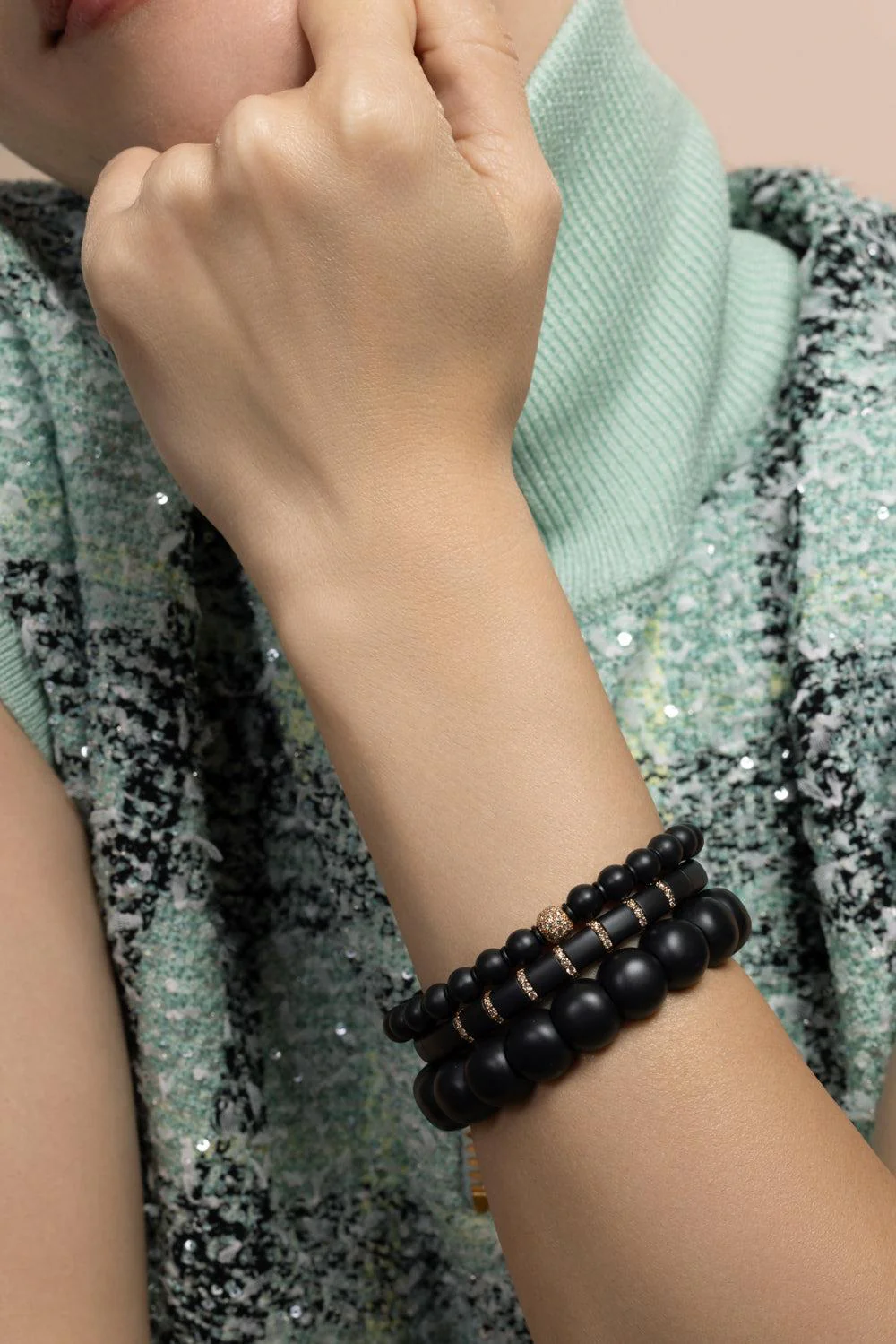 Champagne Diamond Matte Black Sfera Stretch Bracelet - Image 2