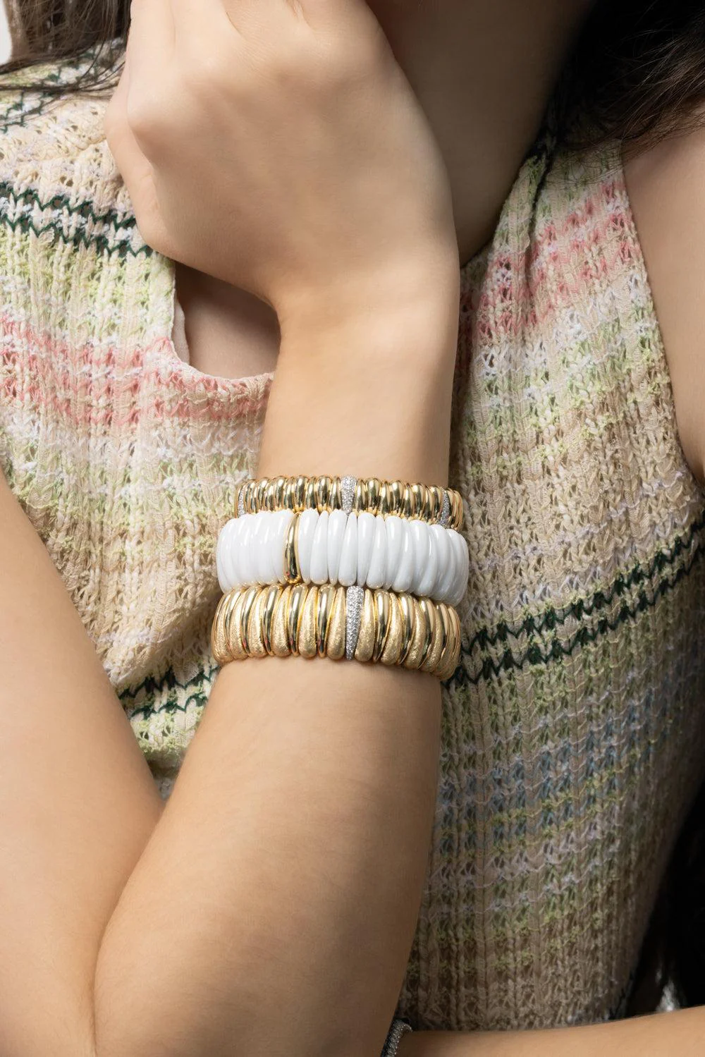 Diamond Link Shiny Matte Ceramic Artiglio Stretch Bracelet - Image 3