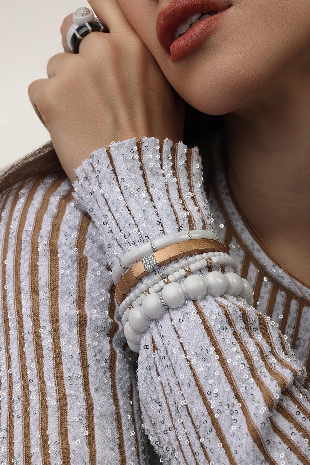 Gold Diamond Bar White Ceramic Dama Stretch Bracelet - Image 2