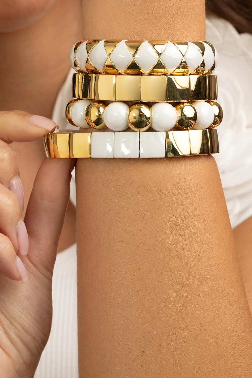 Gold White Ceramic Stretch Bracelet - Image 2