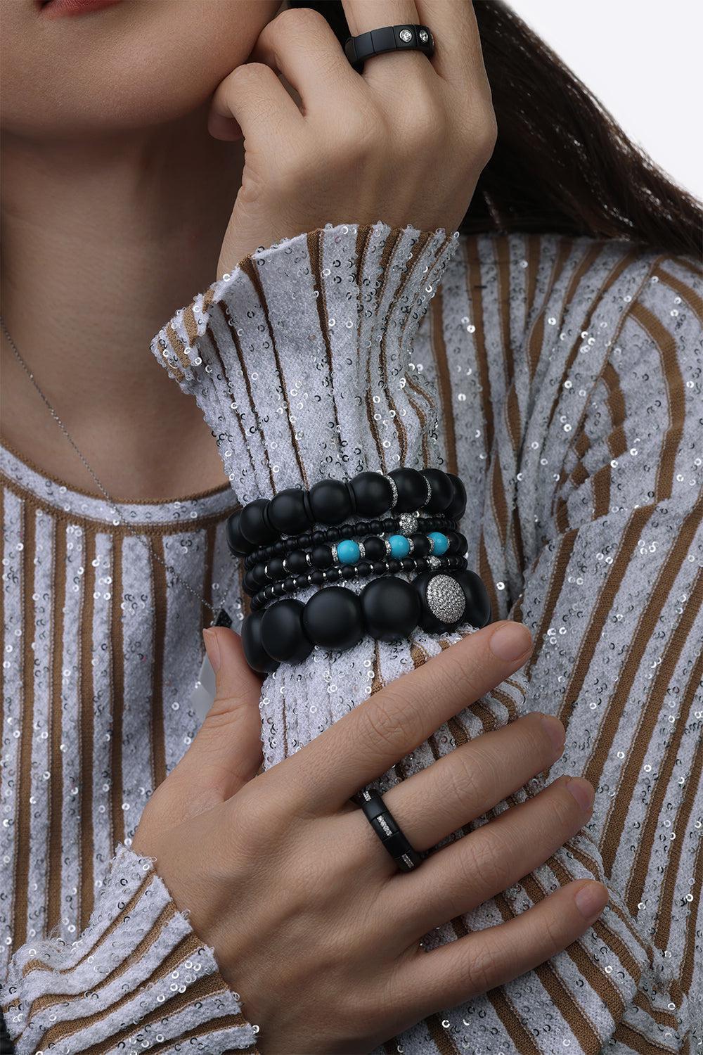 Matte Black Ceramic Diamond Section Dama Stretch Bracelet - Image 3