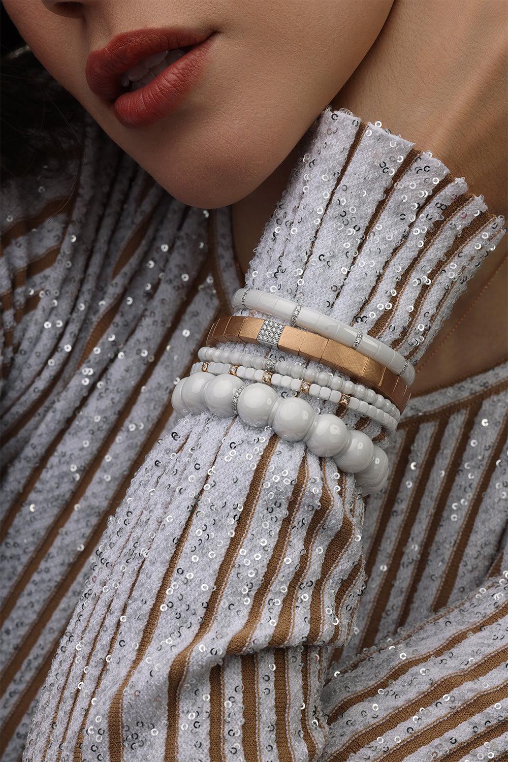Nine Diamond Gold White Ceramic Pura Stretch Bracelet - Image 3