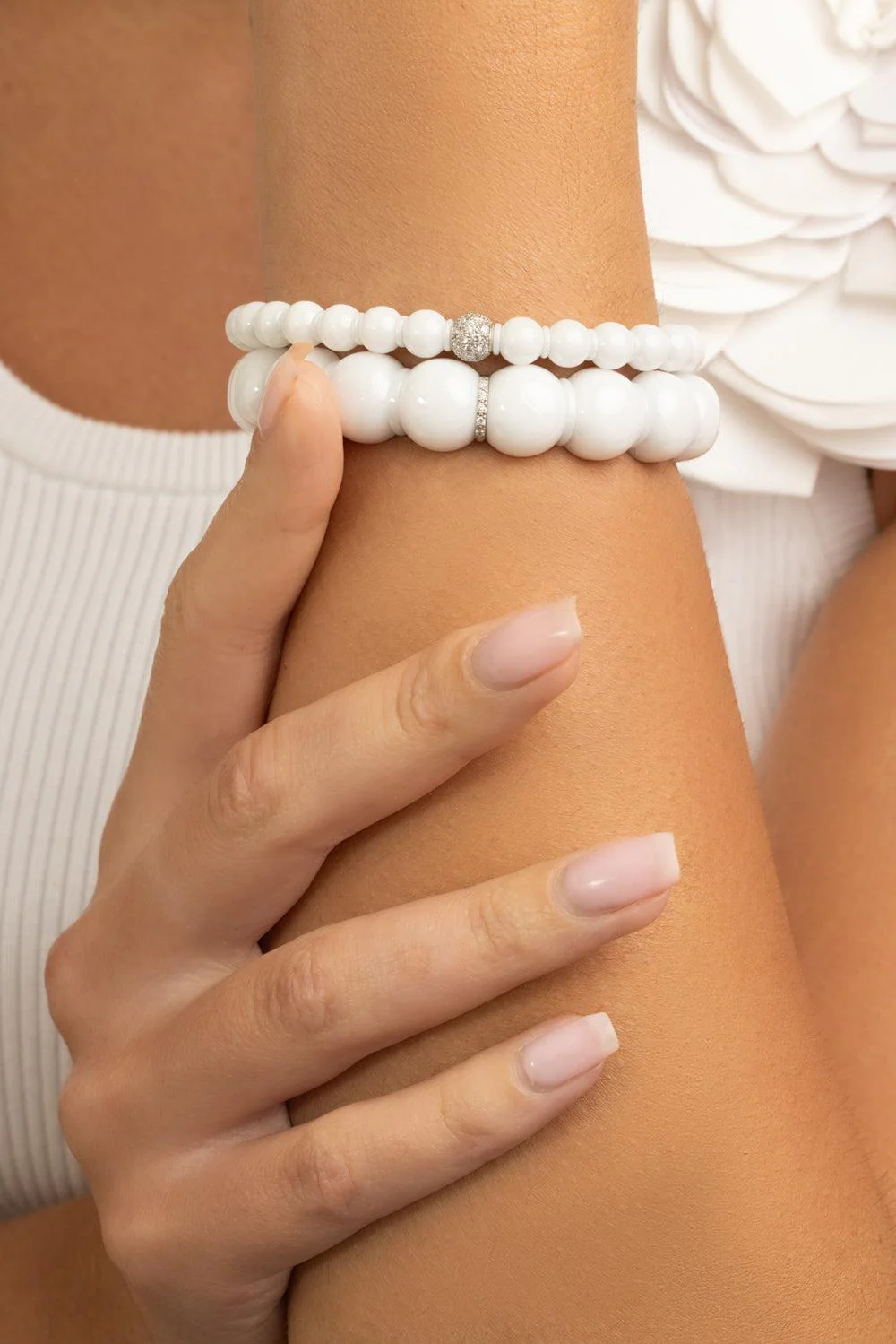 One Diamond White Beaded Stretch Bracelet - Image 2