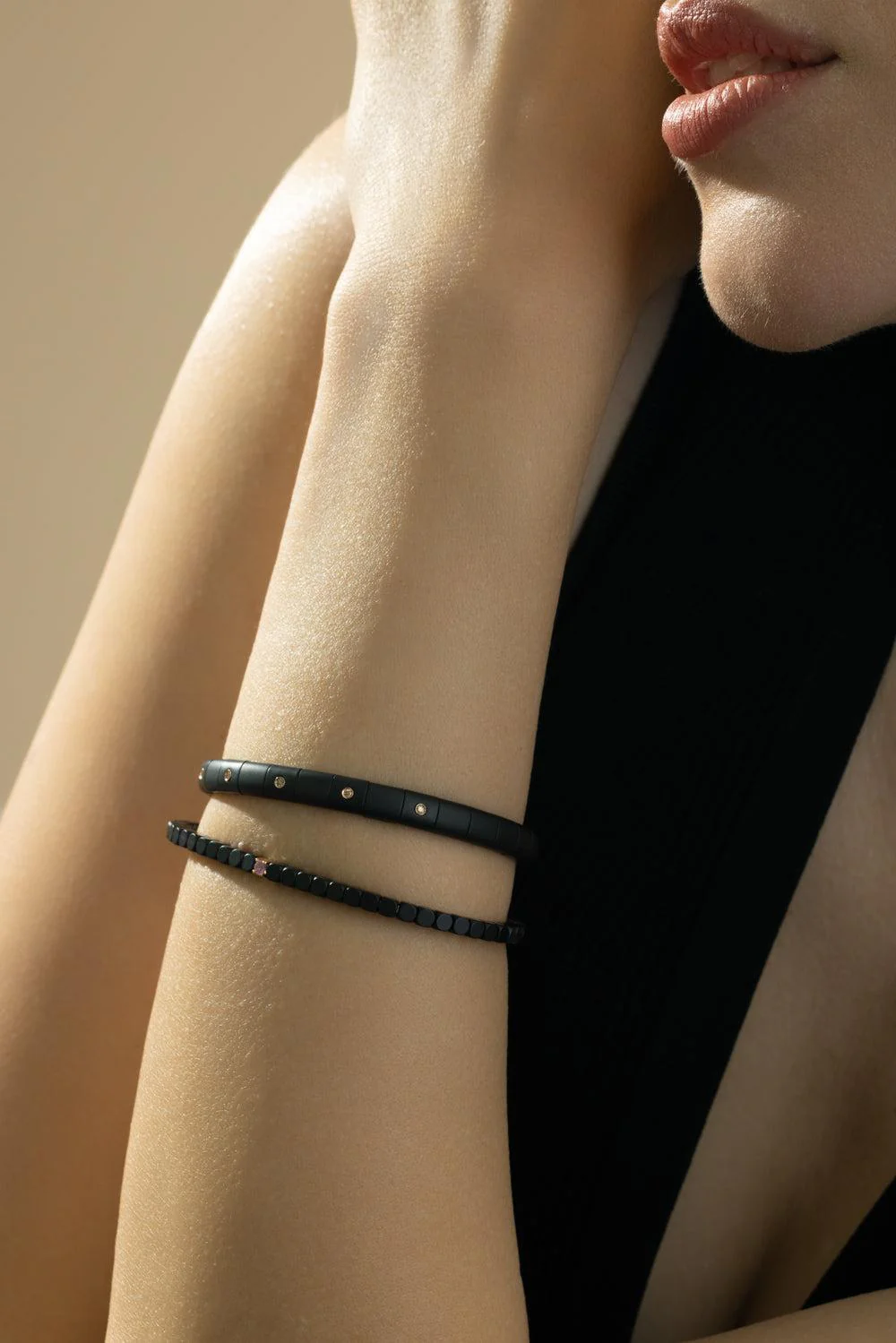 One Pink Sapphire Matte Black Dado Bangle Bracelet - Image 2
