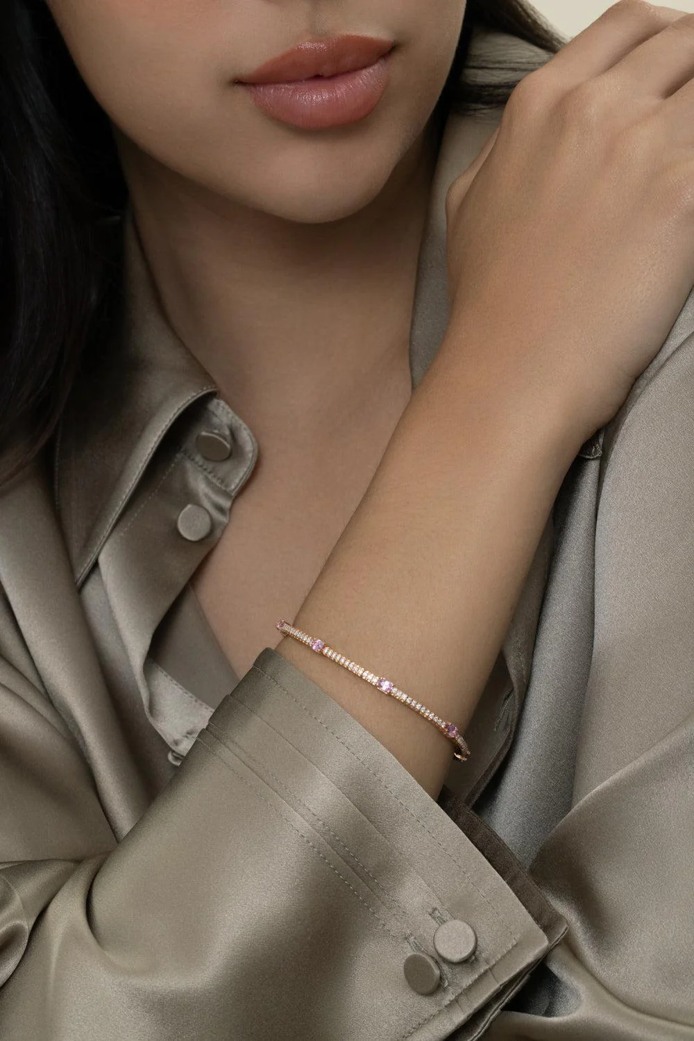 Oval Pink Sapphire Round Diamond Extensible Bracelet - Image 2