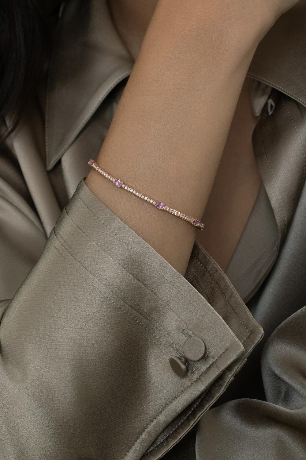 Oval Pink Sapphire Round Diamond Extensible Bracelet - Image 3