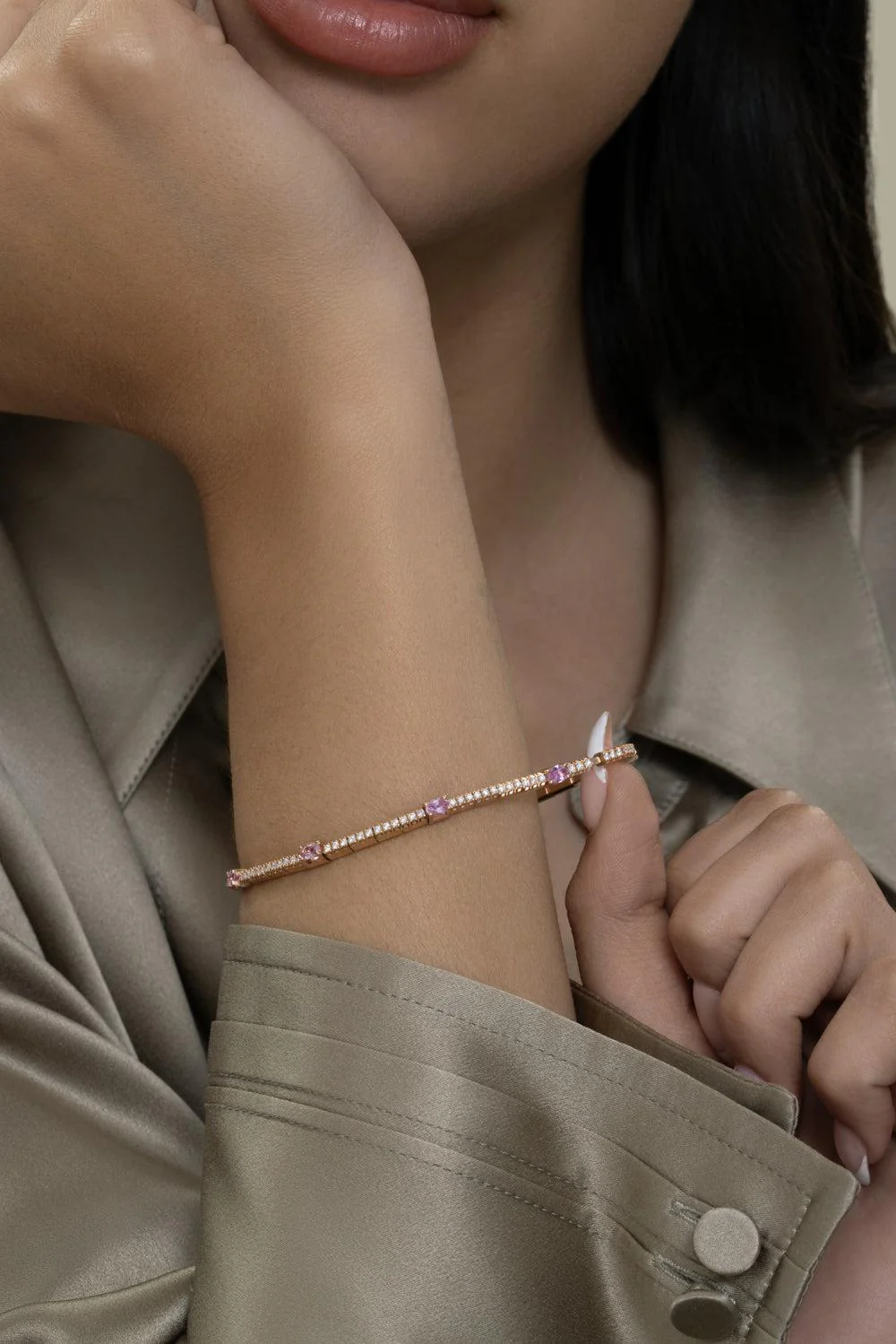 Oval Pink Sapphire Round Diamond Extensible Bracelet - Image 4