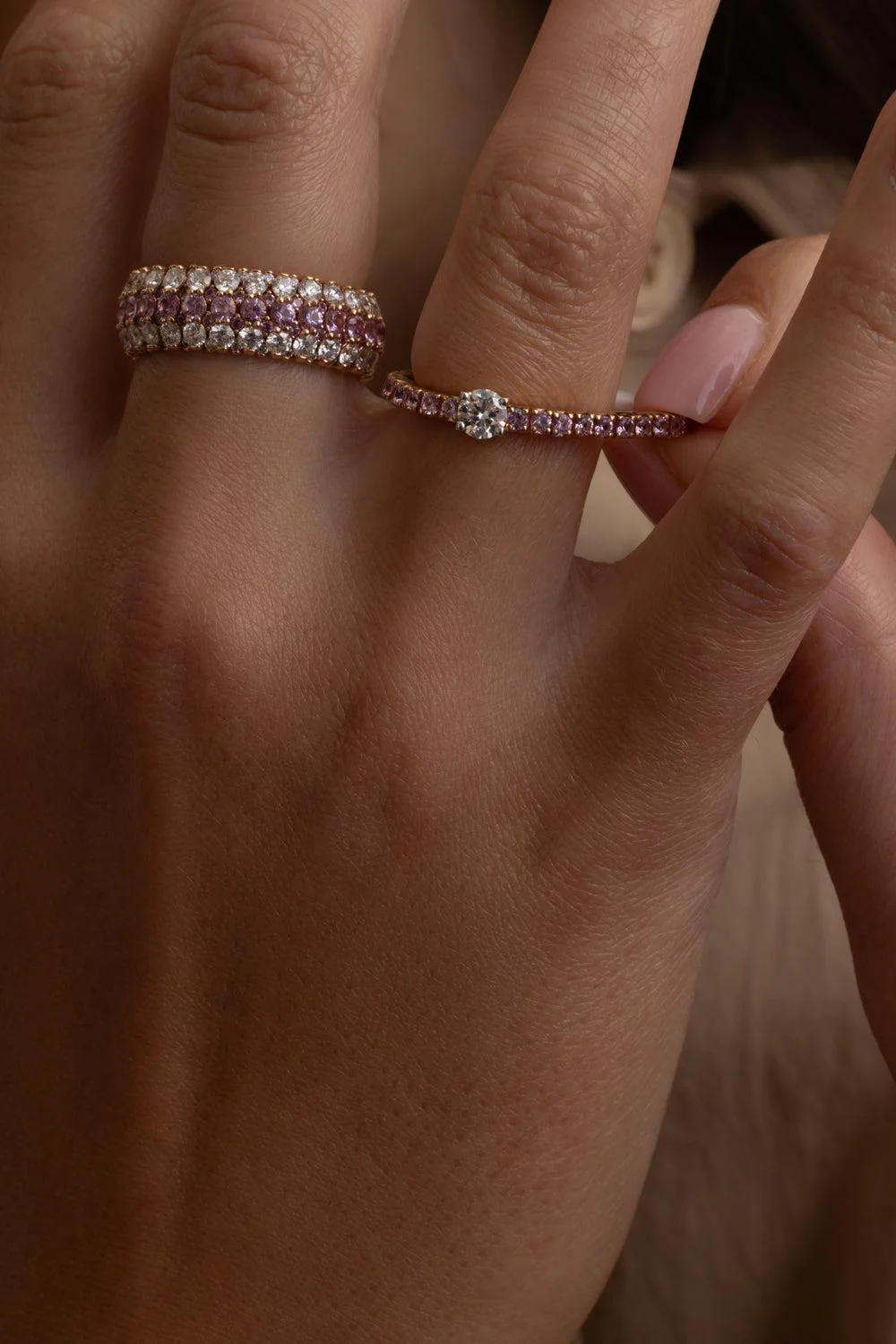 Pink Sapphire Round Diamond Stretch Ring - Image 5