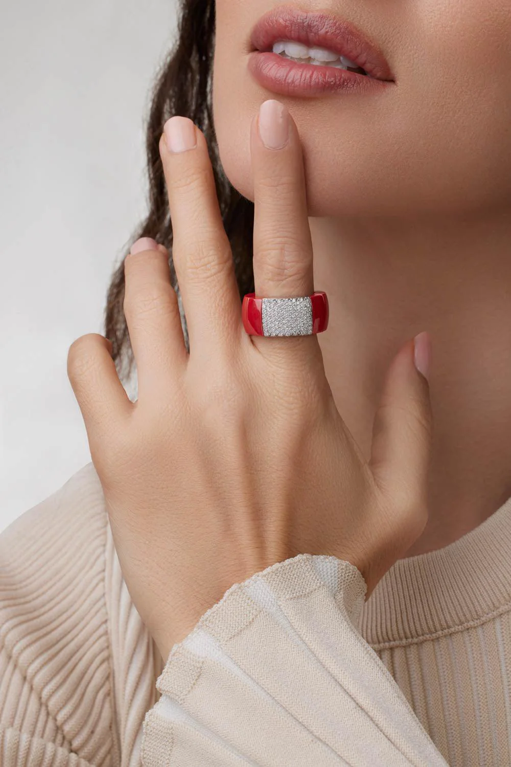 Red Ceramic Diamond Pave Domino Ring - Image 3