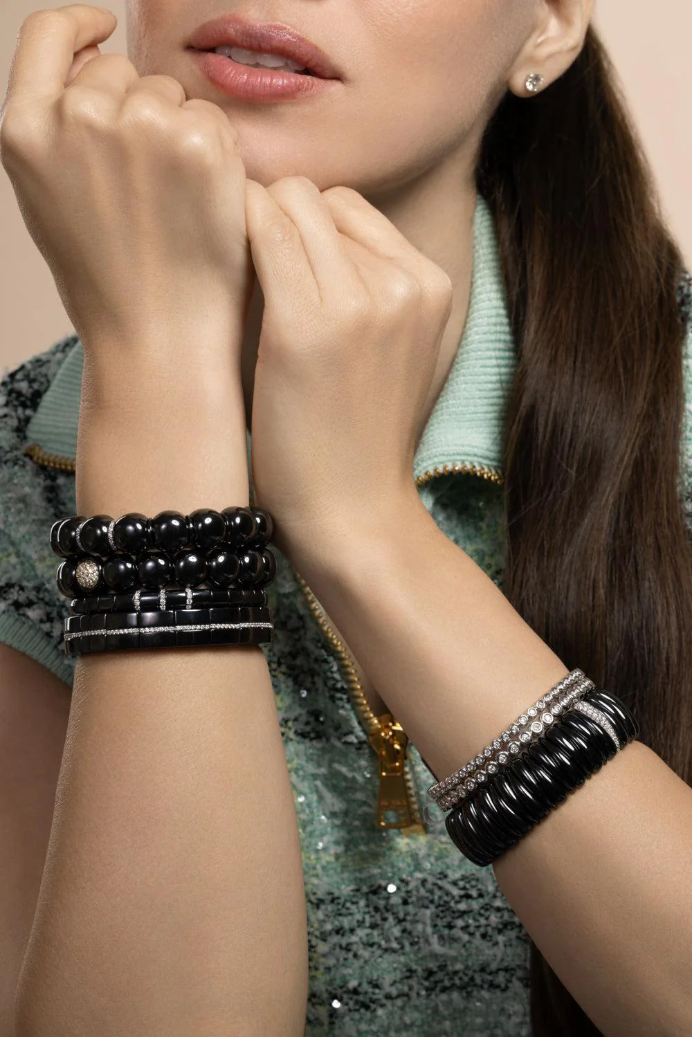 Shiny Black Diamond Station Artiglio Stretch Bracelet - Image 2