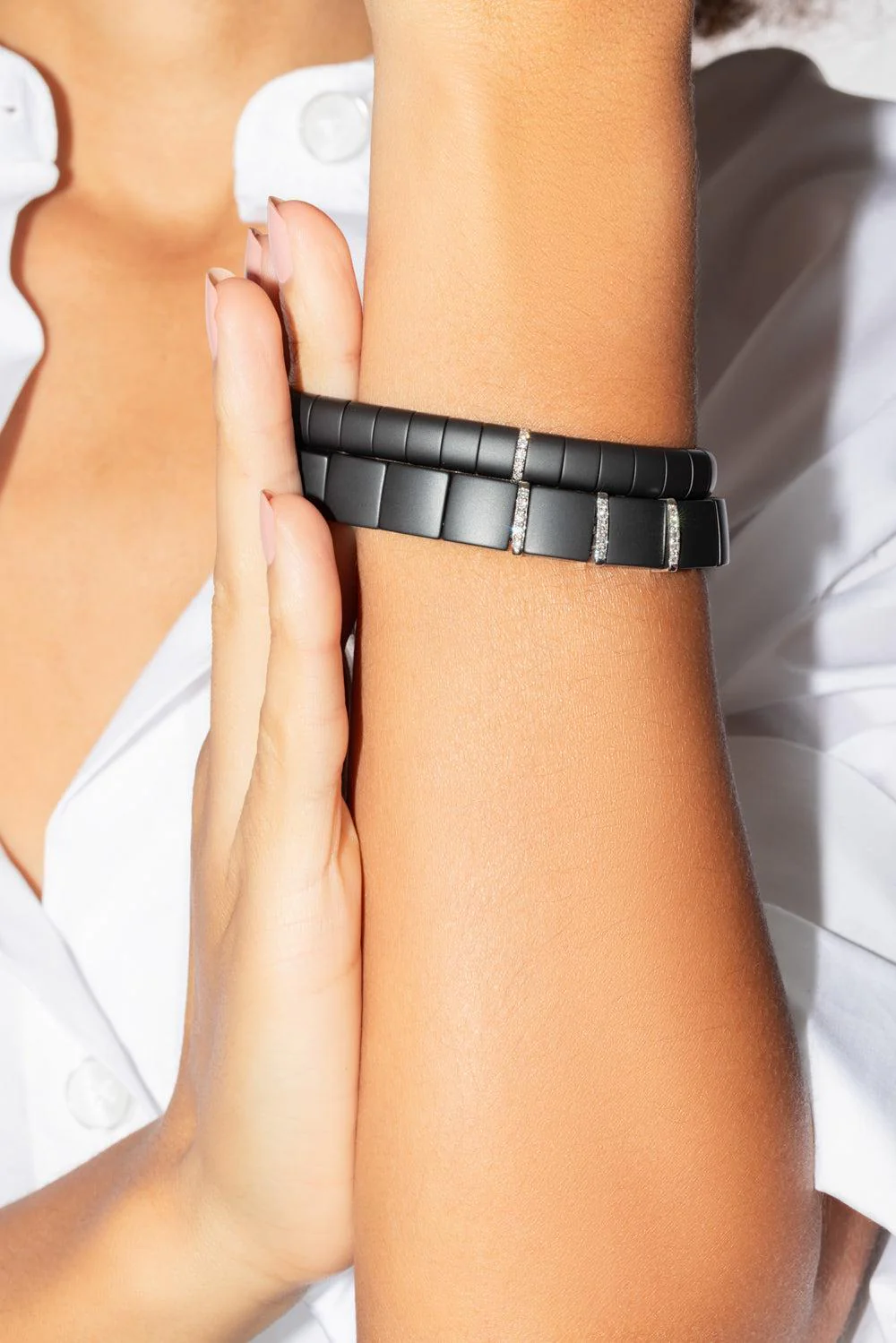 Three Diamond Bar Domino Matte Black Ceramic Stretch Bracelet - Image 3