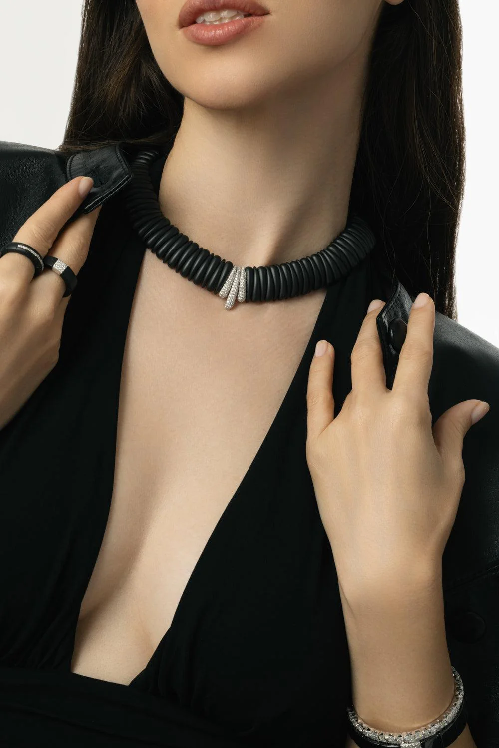 Three Diamond Station Small Matte Black Artiglio Necklace - Image 3