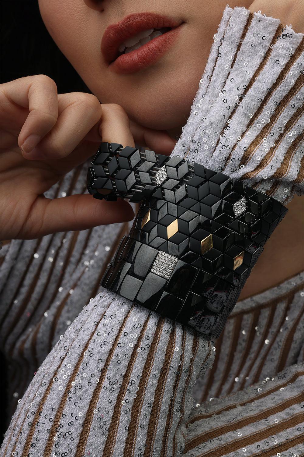 Three Gold Diamond Black Cube Stretch Bracelet - Image 2