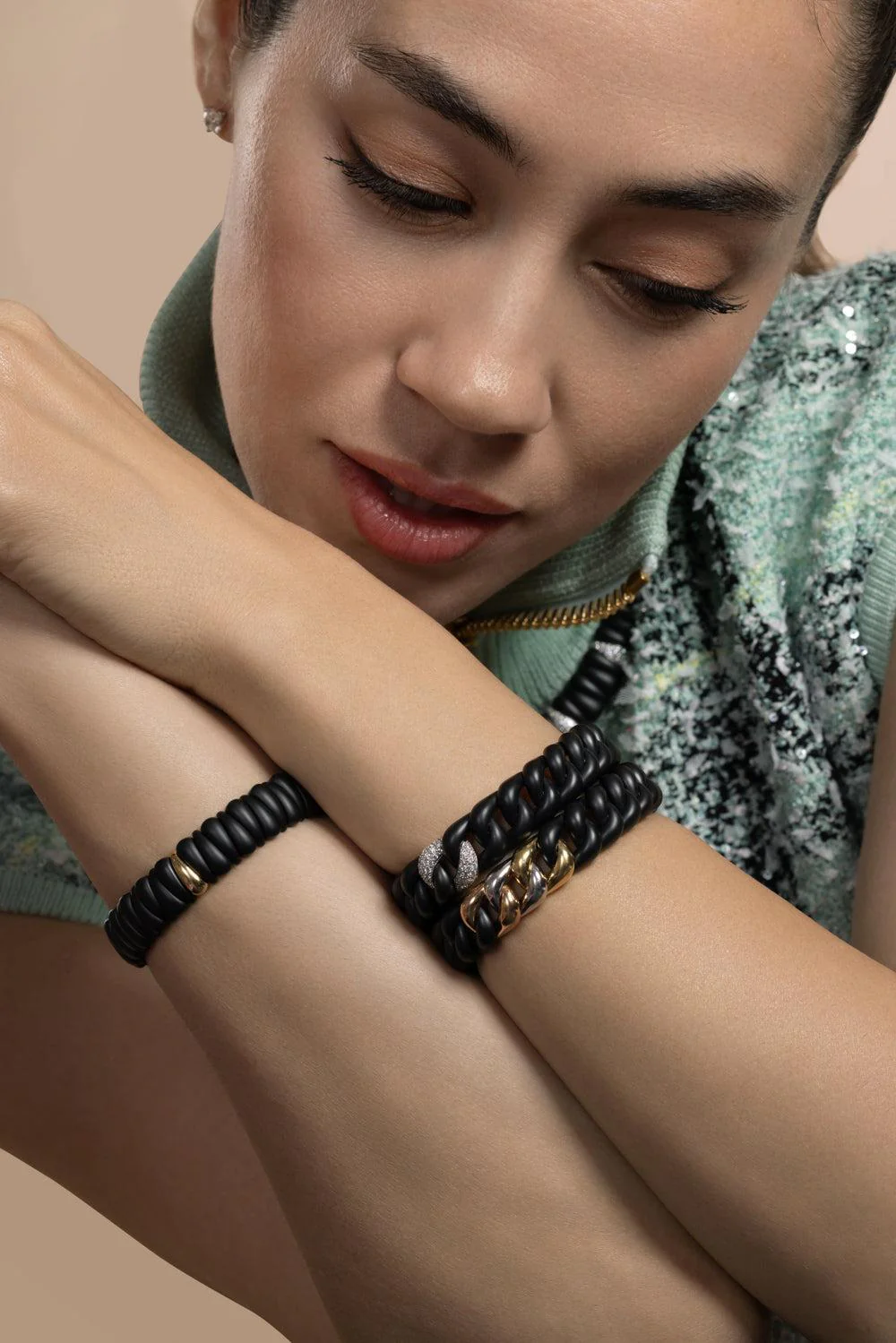 Three Link Matte Groumette Stretch Bracelet - Image 2