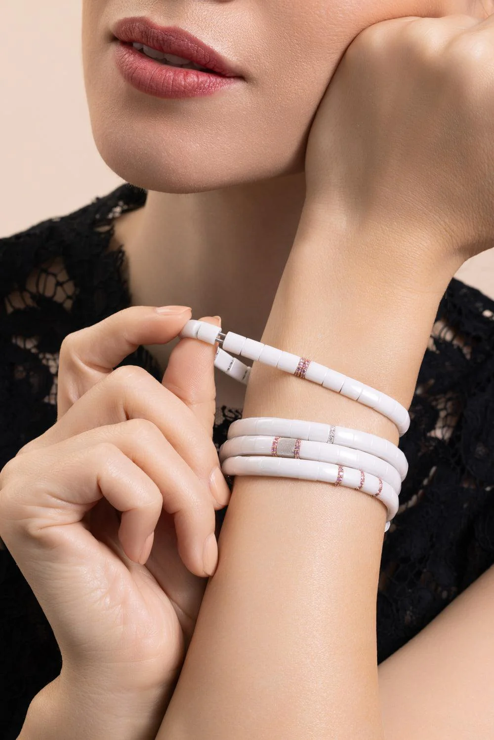 Three Pink Sapphire Bar White Stretch Bracelet - Image 4