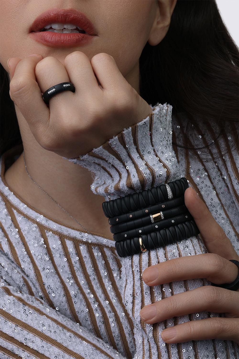 Two Diamond Bar Black Ceramic Pura Stretch Ring - Image 3