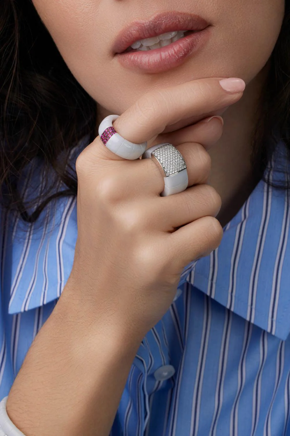 White Ceramic Diamond Pave Domino Ring - Image 2