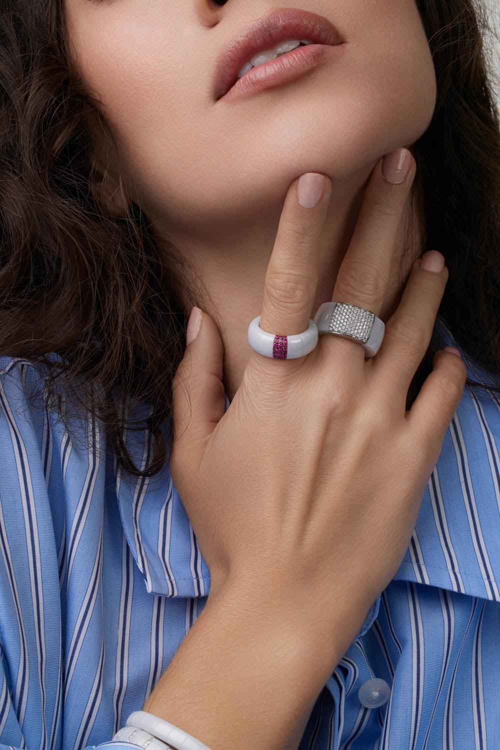 White Ceramic Diamond Pave Domino Ring - Image 3