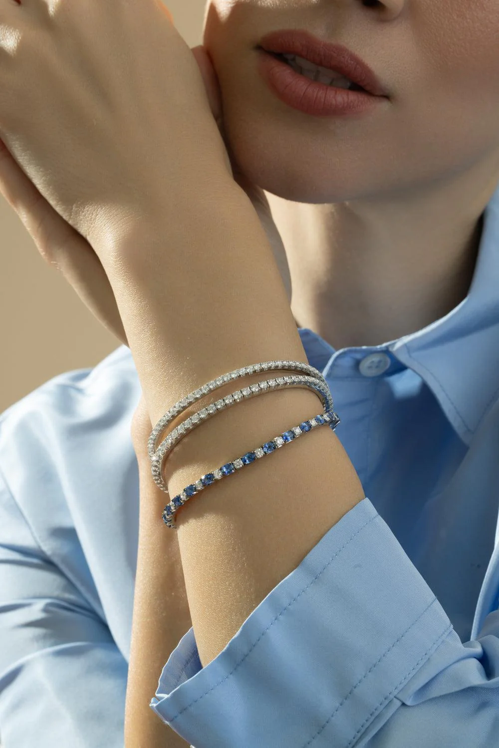 Blue Sapphire Diamond Stretch Extensible Tennis Bracelet - Image 4