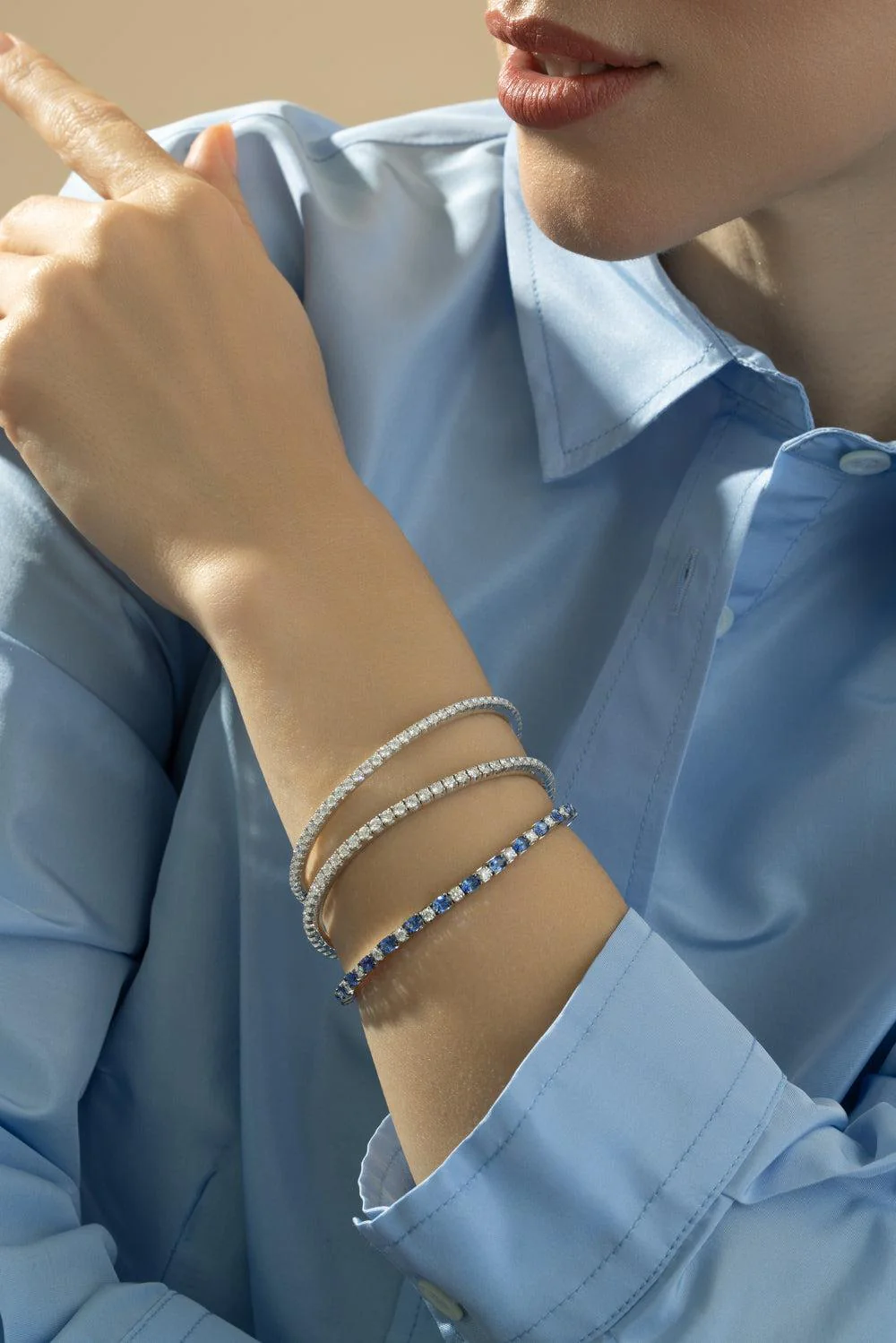 Blue Sapphire Diamond Stretch Extensible Tennis Bracelet - Image 2