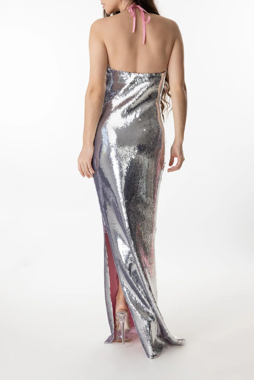 Flower Detail Halter Gown - Silver Sequin - Image 4
