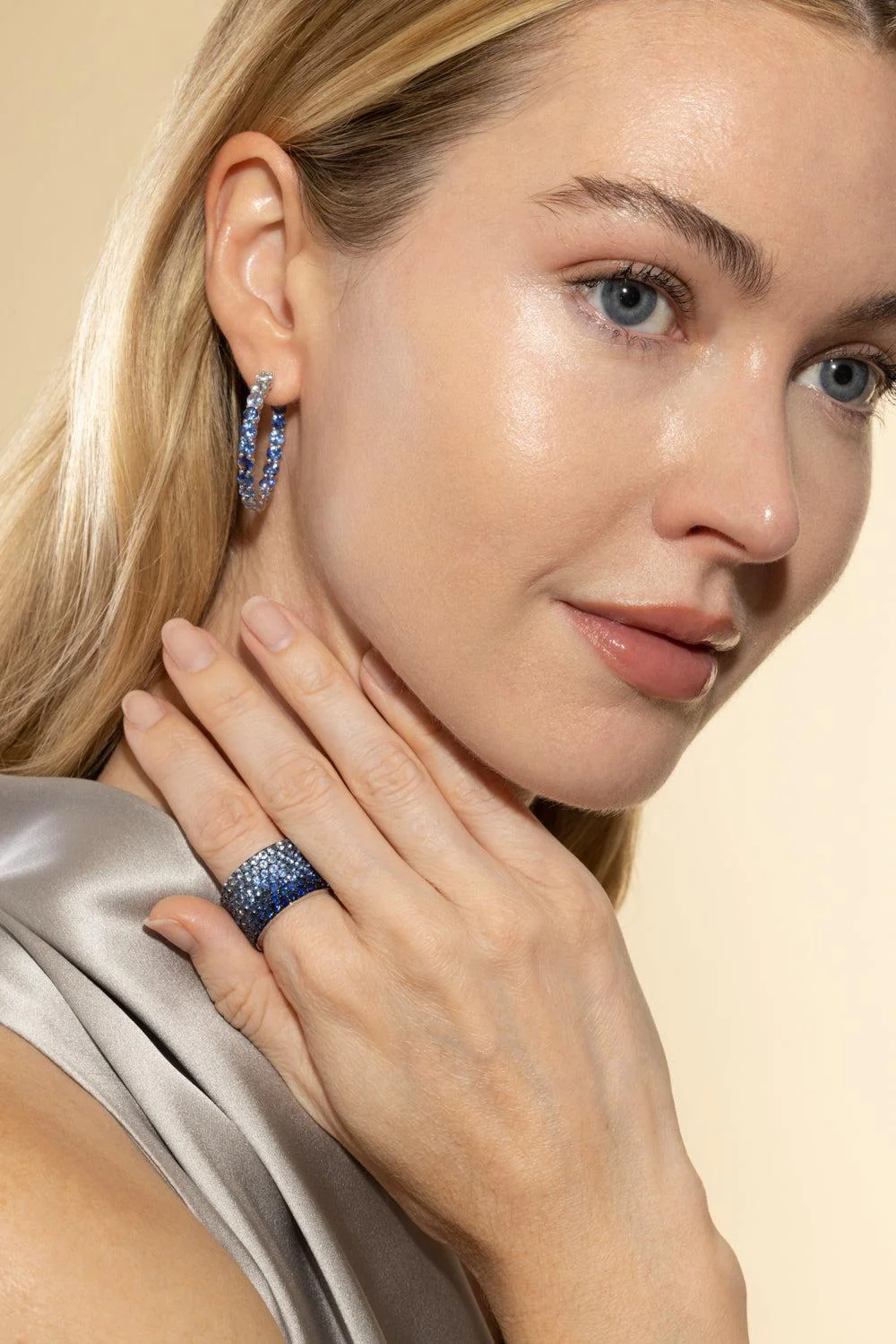 Blue Sapphire Diamond Hoop Earrings - Image 3