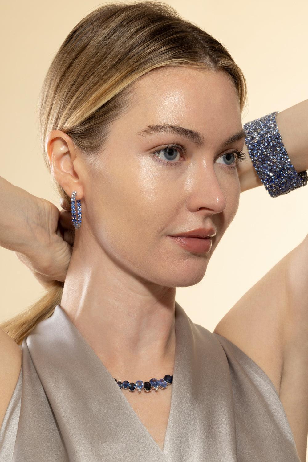 Blue Sapphire Diamond Hoop Earrings - Image 5