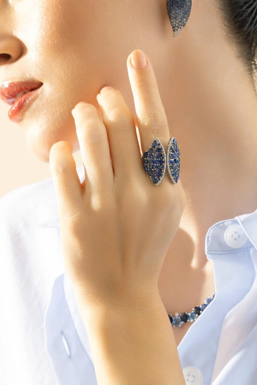 Blue Sapphire Diamond Skylight Open Ring - Image 3