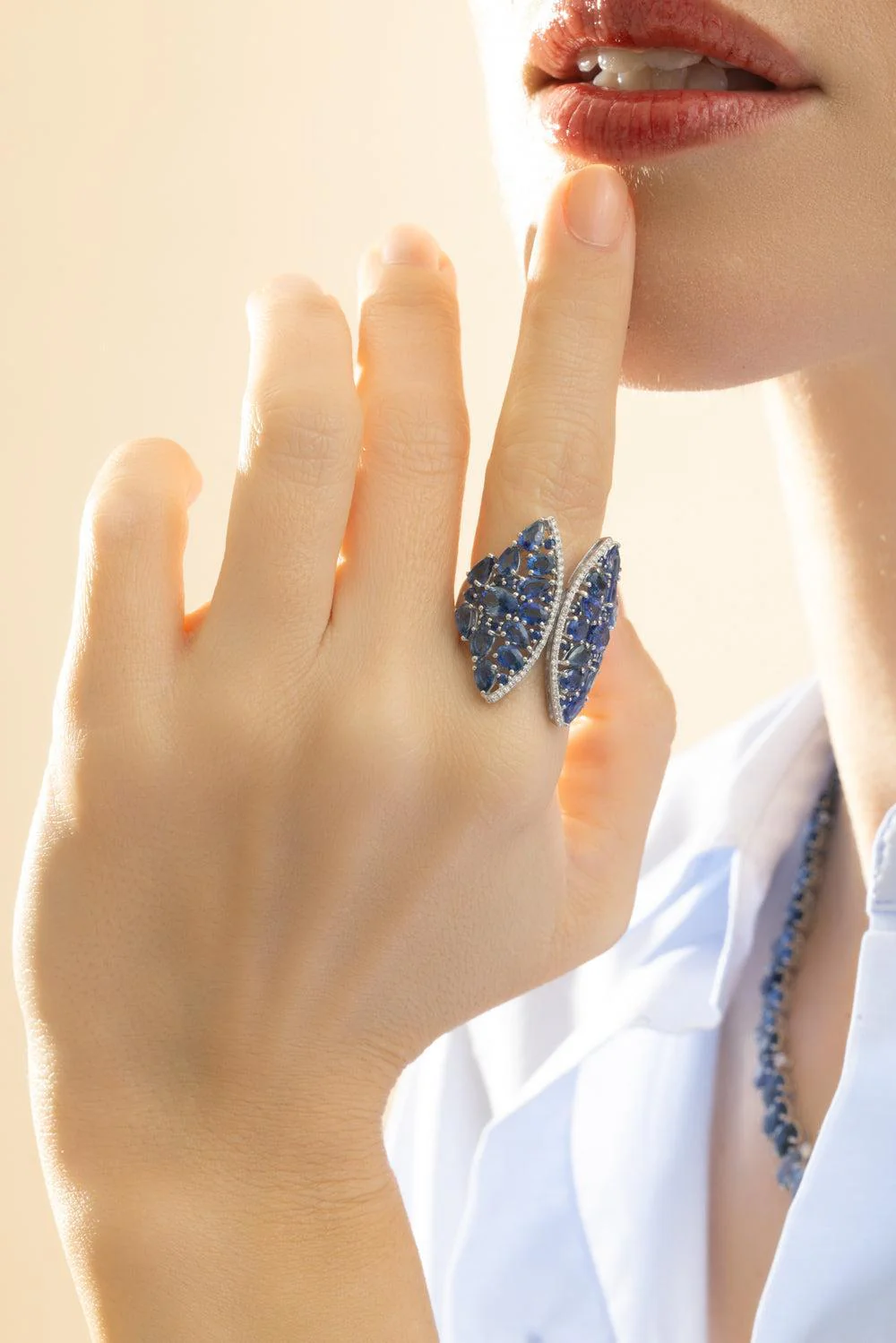 Blue Sapphire Diamond Skylight Open Ring - Image 4