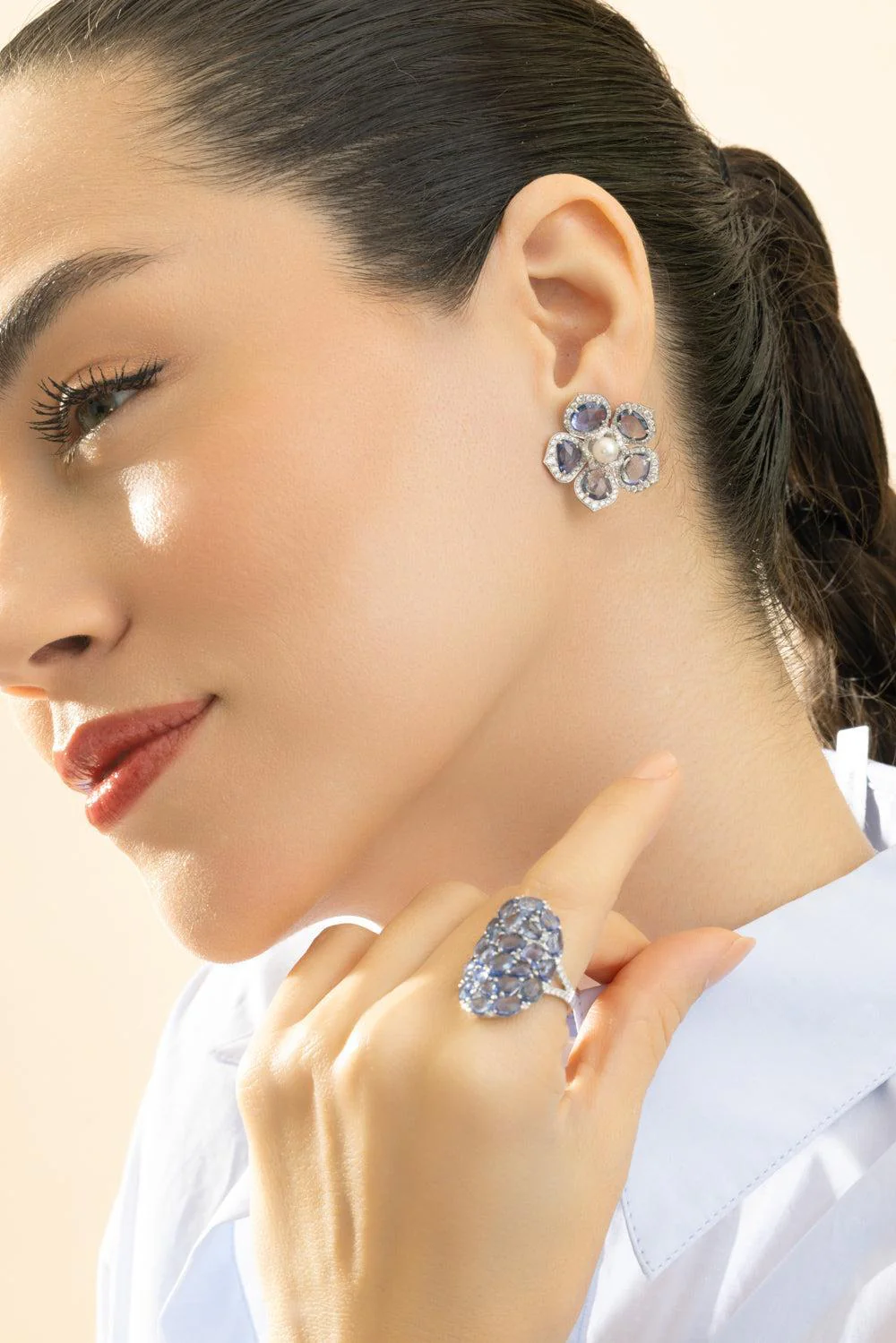 Blue Sapphire Pearl Flower Earrings - Image 2