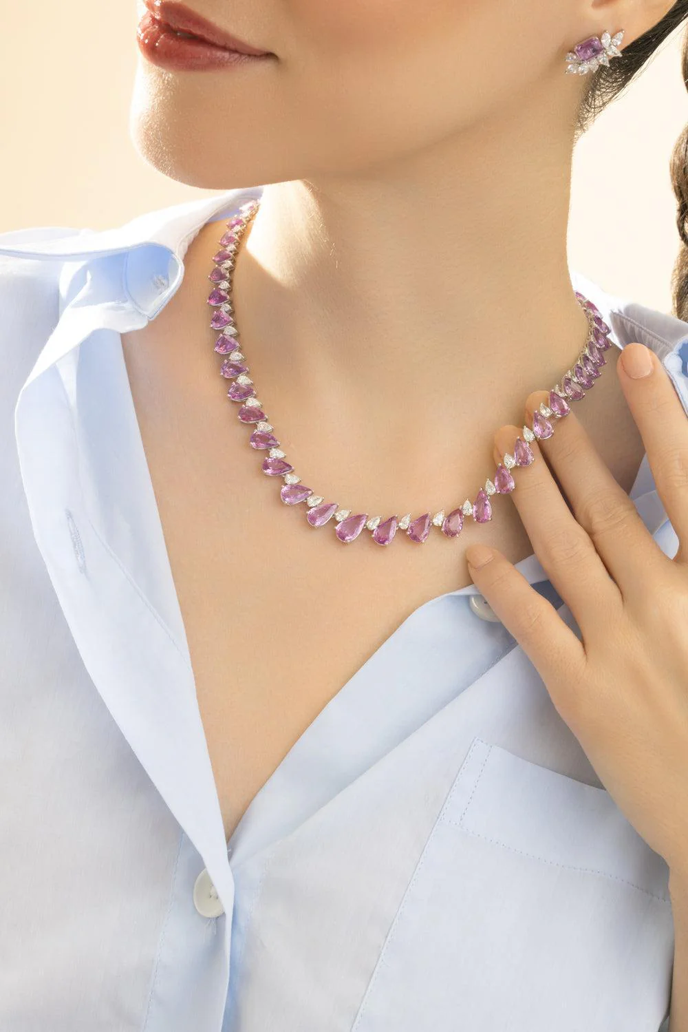 Pink Sapphire Diamond Straight Line Necklace - Image 2