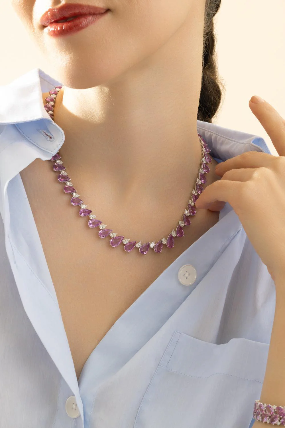 Pink Sapphire Diamond Straight Line Necklace - Image 3