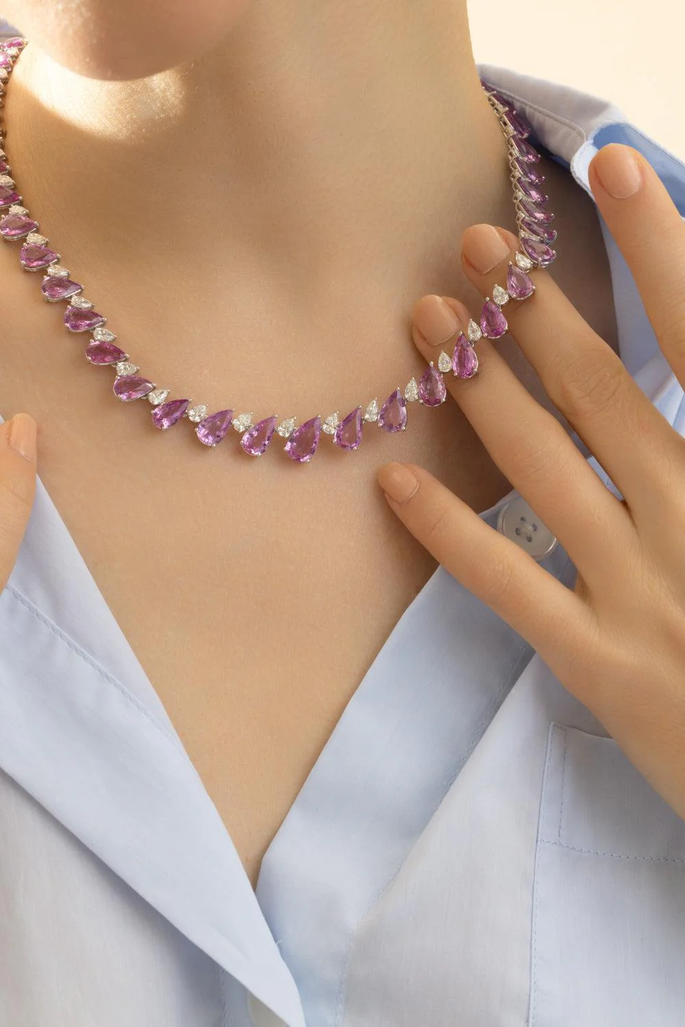 Pink Sapphire Diamond Straight Line Necklace - Image 4
