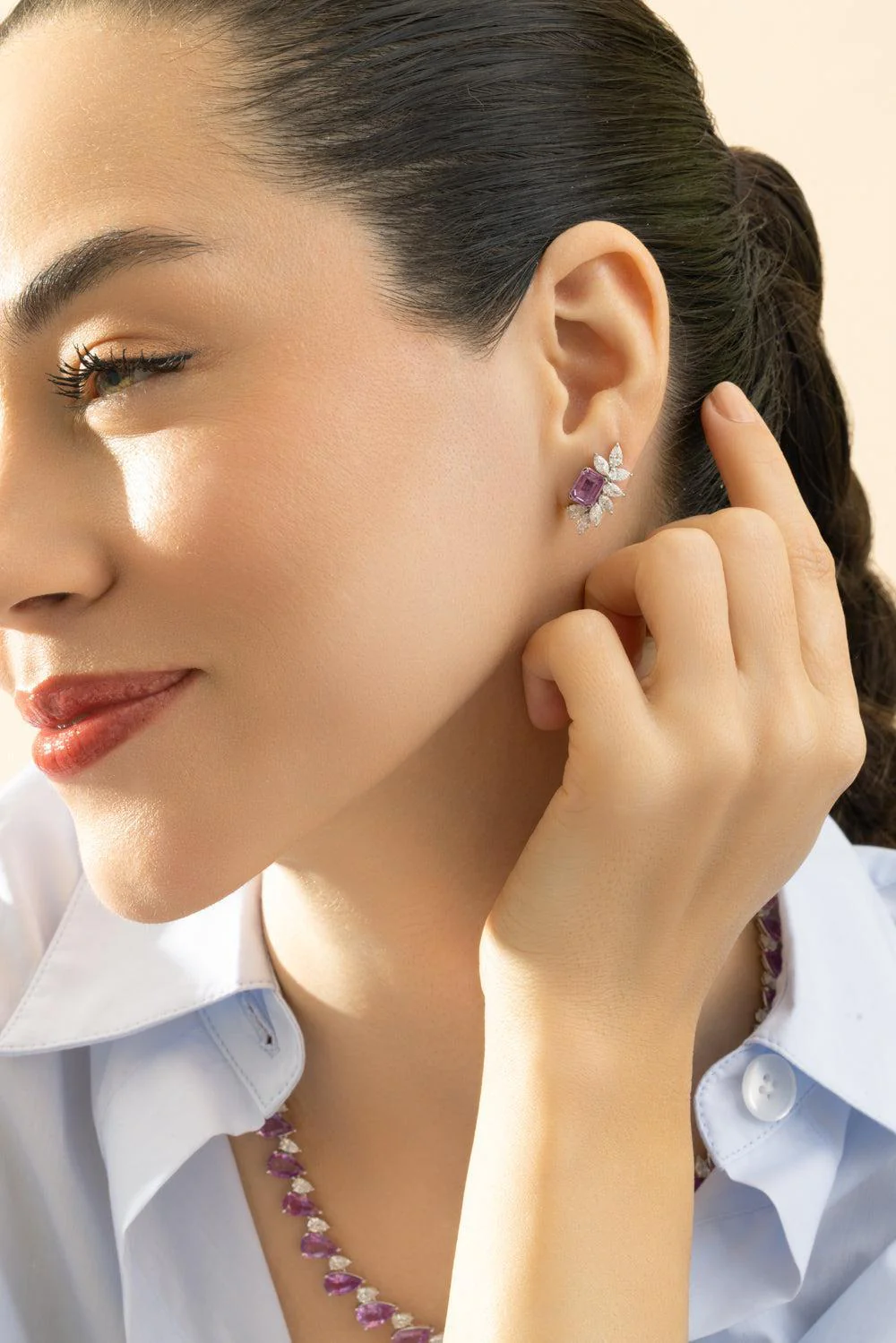 Pink Sapphire Diamond Stud Earrings - Image 3