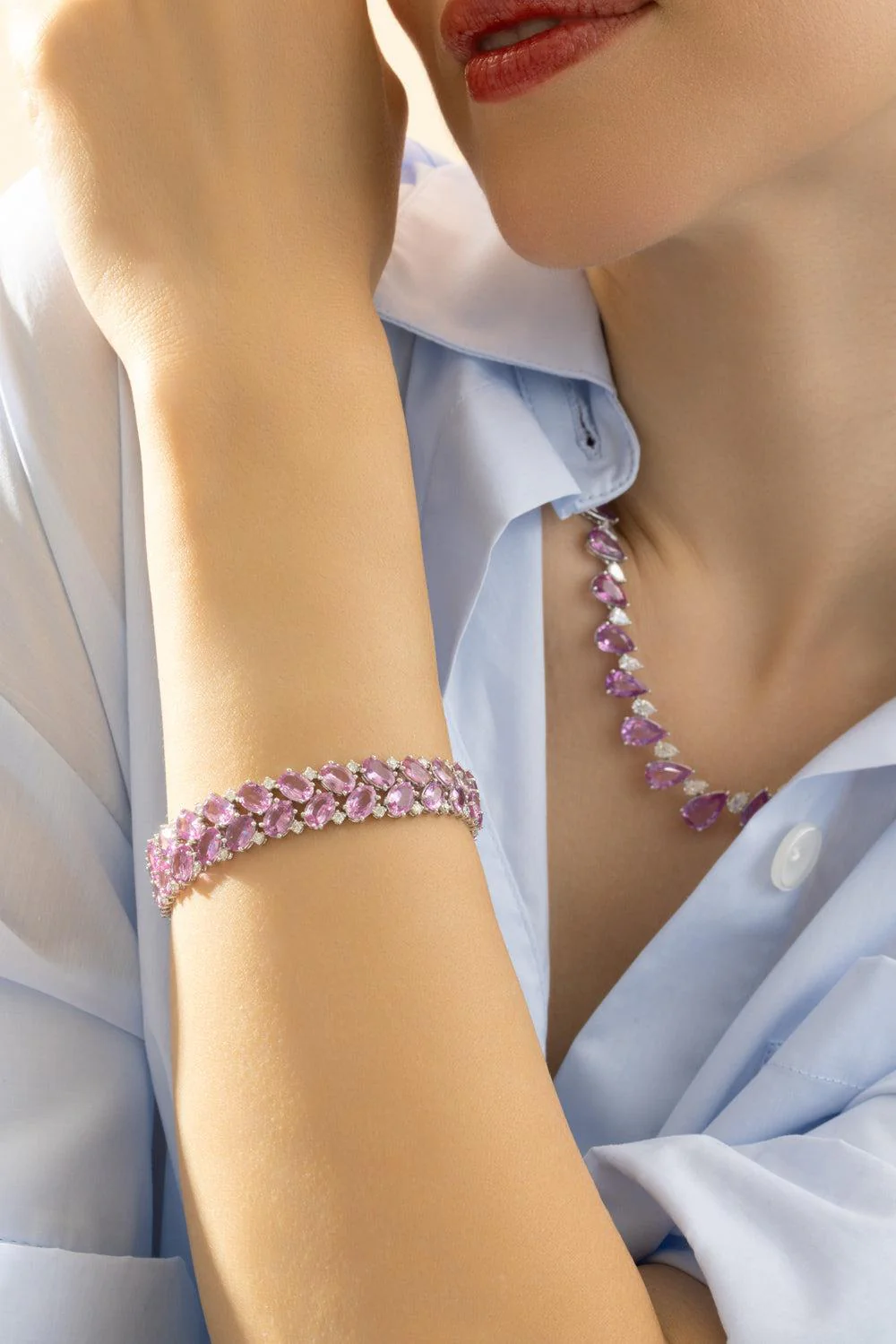 Pink Sapphire  DiamondThree Row Bracelet - Image 3