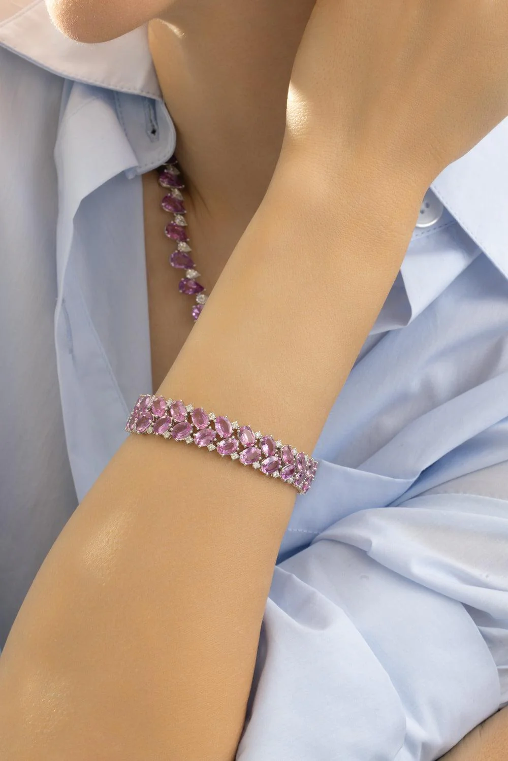 Pink Sapphire  DiamondThree Row Bracelet - Image 4