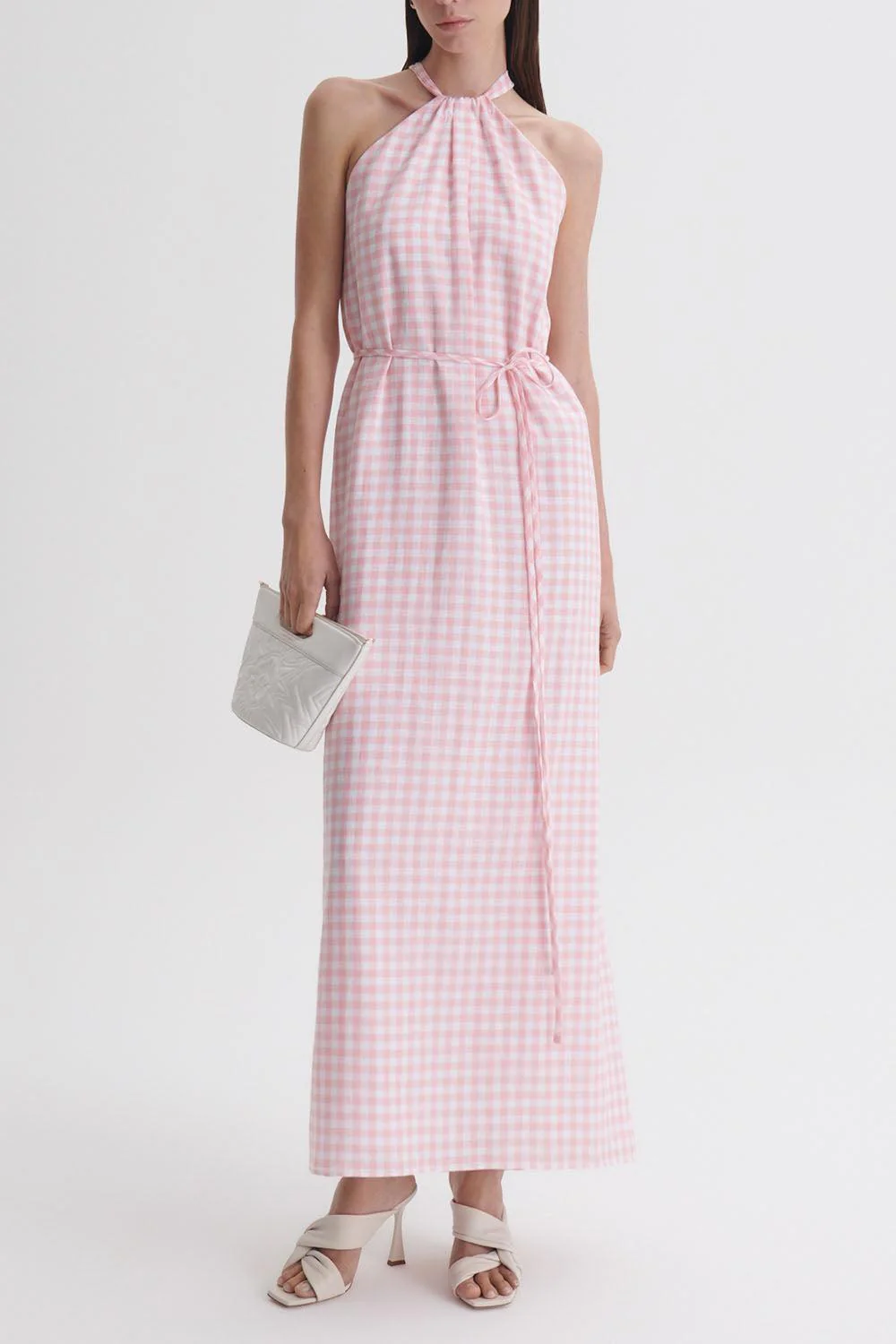 Tie Neck Dress - Pink White - Image 2