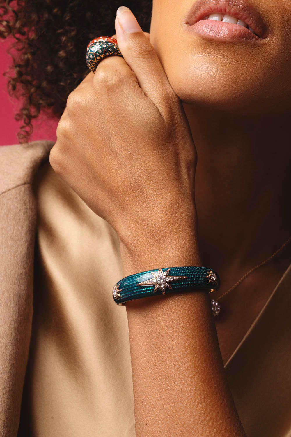 Aida Petrol Enamel Diamond Cuff Bracelet - Image 4
