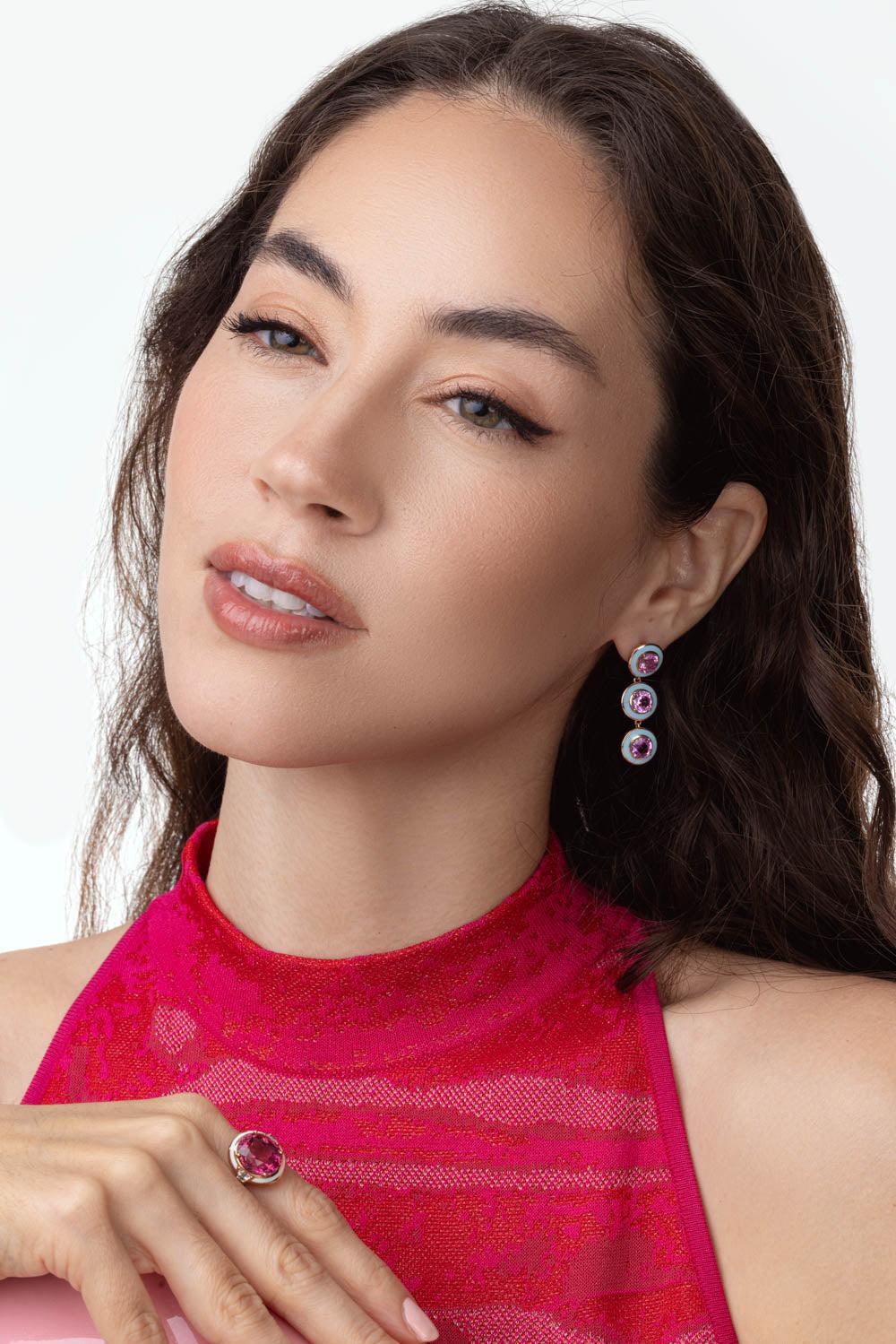 Blue Enamel Pink Sapphire Earrings - Image 4
