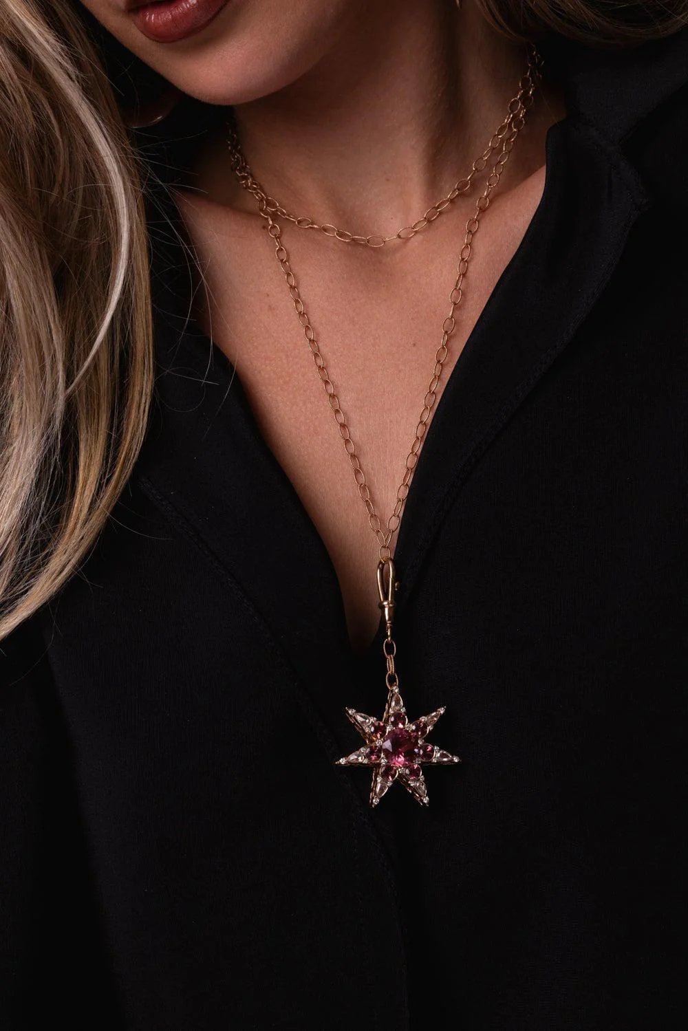 Pink Tourmaline Diamond Star Pendant Necklace - Image 2