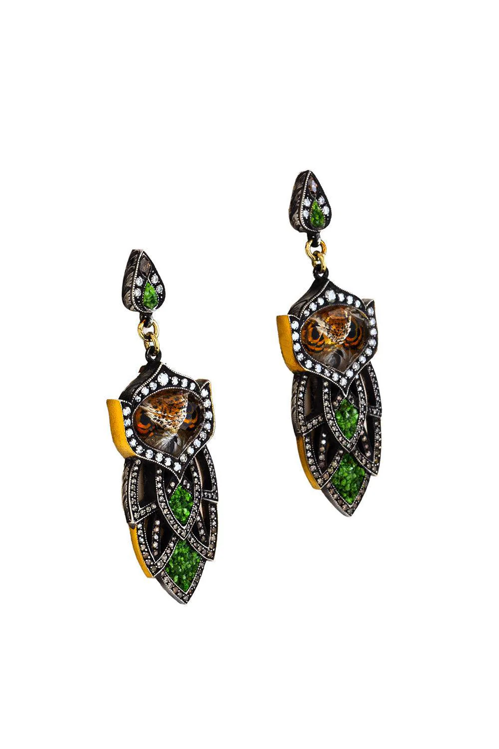 Mosaic Diamond Carved Owl Earrings