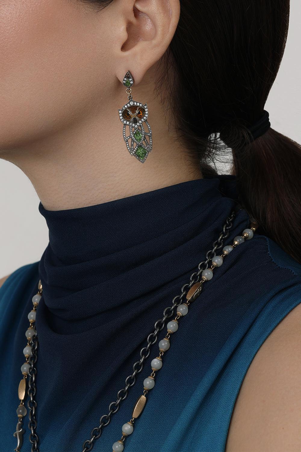 Mosaic Diamond Carved Owl Earrings - Image 2