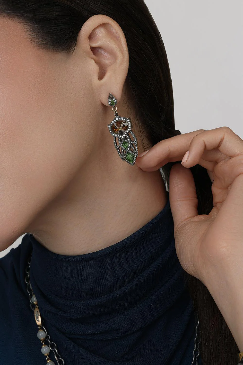 Mosaic Diamond Carved Owl Earrings - Image 3