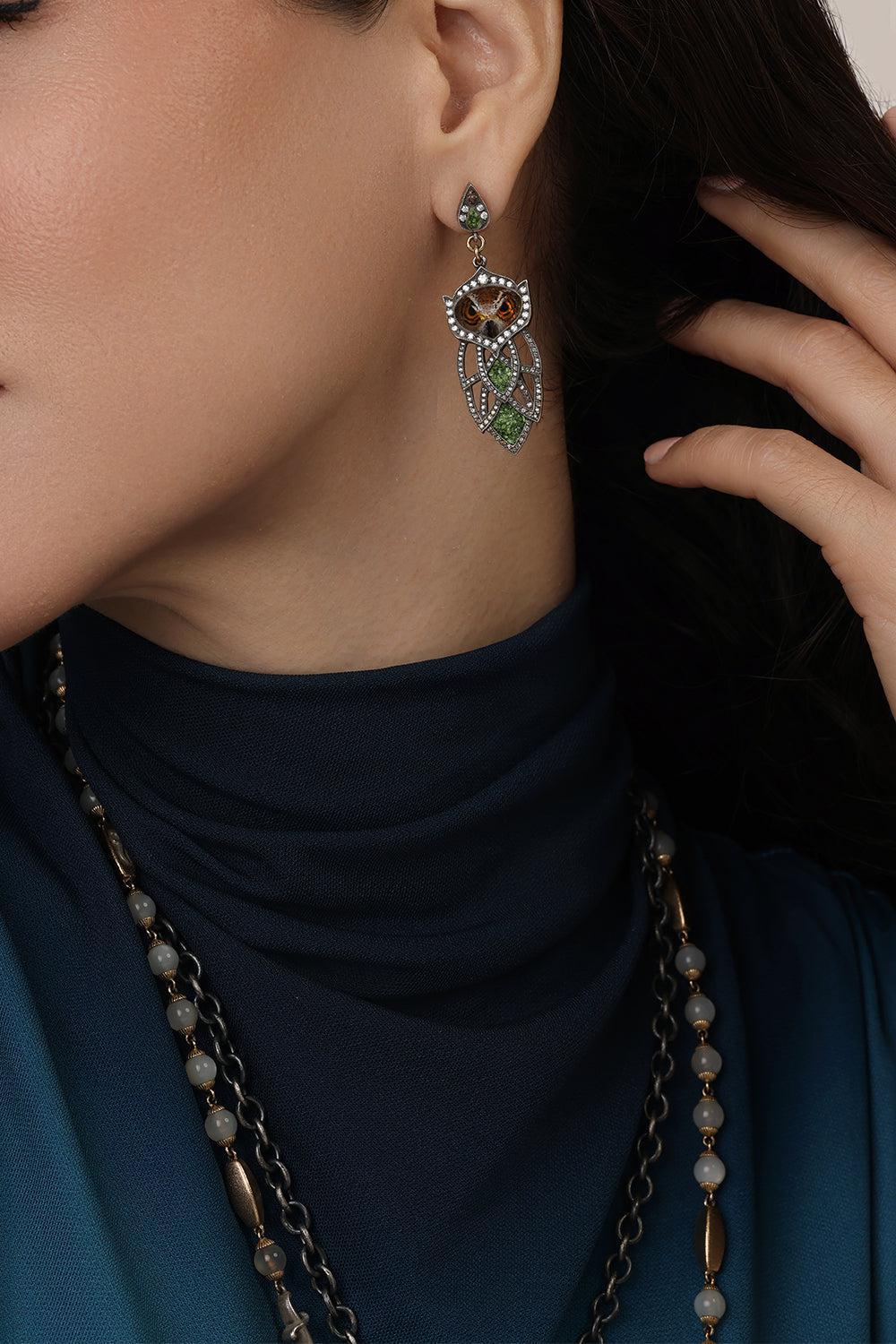 Mosaic Diamond Carved Owl Earrings - Image 4