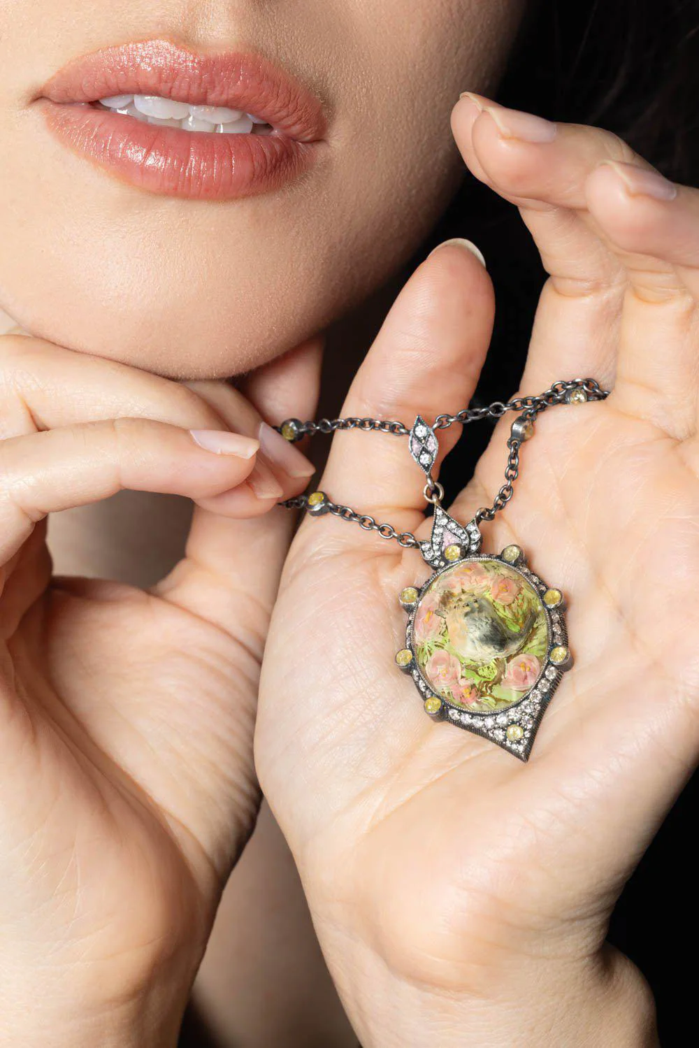 Quartz Reverse Carved Rose Pendant Necklace - Image 2