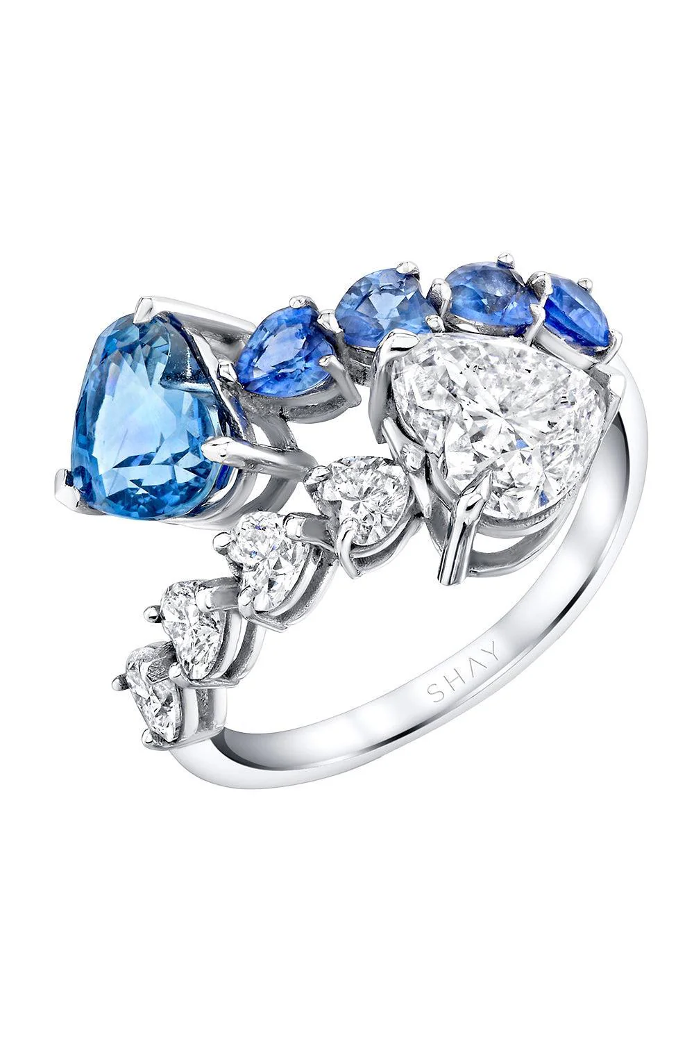 Blue Sapphire Diamond Heart Bypass Ring