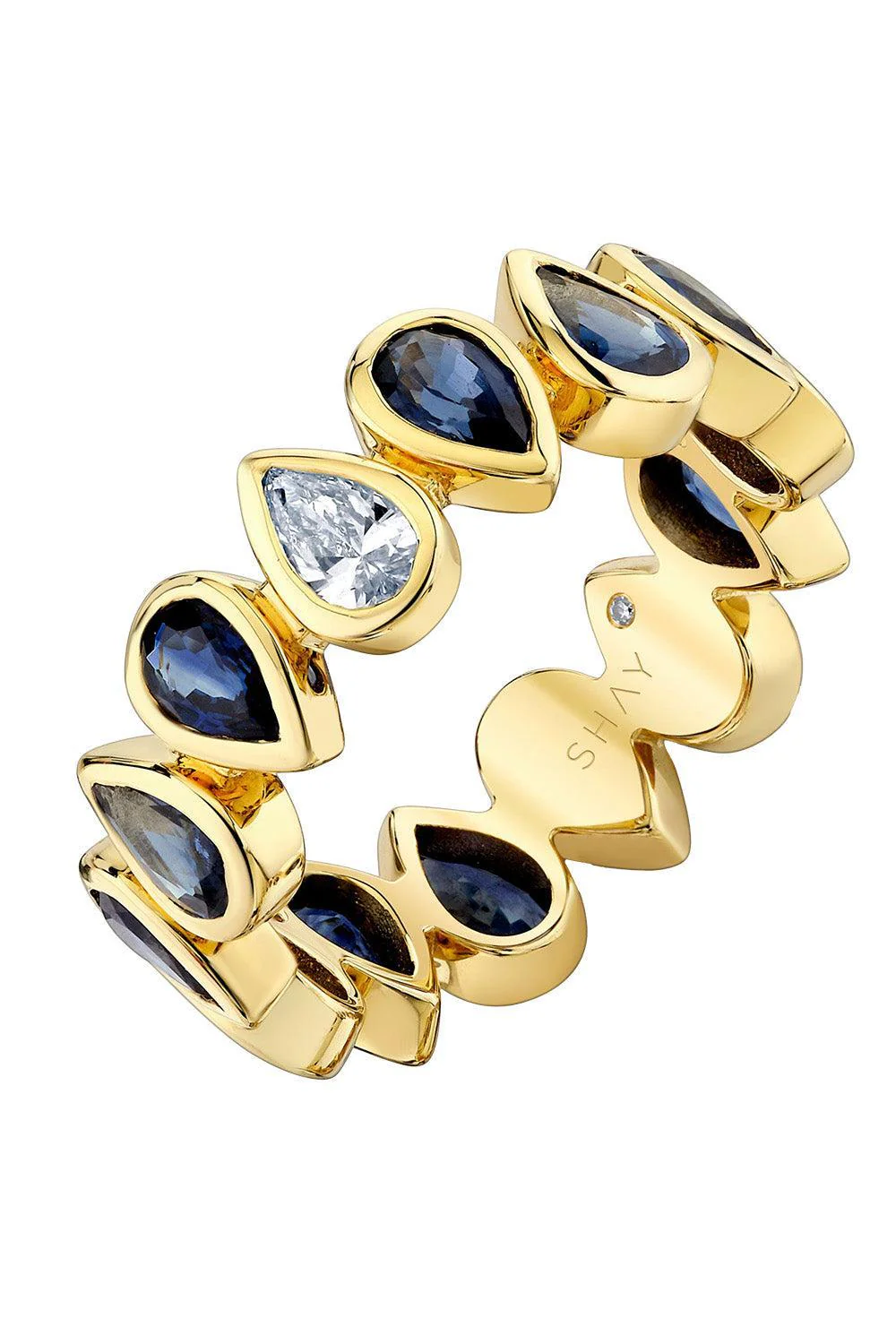Blue Sapphire Diamond Pear Bezel Band Ring